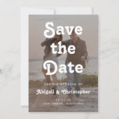 Retro witte tekstoverlay 2 foto QR-code trouwkaart Save The Date (Voorkant)