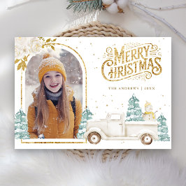 Retro Witte Vrachtwagen Sneeuwman Goud Kerst Foto Feestdagenkaart