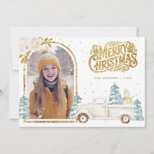 Retro Witte Vrachtwagen Sneeuwman Gouden Kerstfoto Feestdagenkaart (Voorkant)