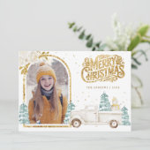 Retro Witte Vrachtwagen Sneeuwman Gouden Kerstfoto Feestdagenkaart (Staand voorkant)