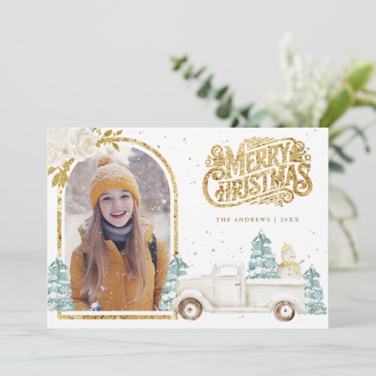 Retro Witte Vrachtwagen Sneeuwman Gouden Kerstfoto Feestdagenkaart (Staand voorkant)