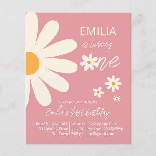 Retro woestijn daisy 1e verjaardag budget uitnodig (Voorkant)