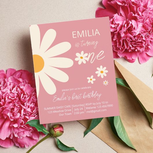 Retro woestijn daisy 1e verjaardag budget uitnodig