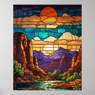Retro woestijn scène Sedona bergen glas-in-lood ku Poster