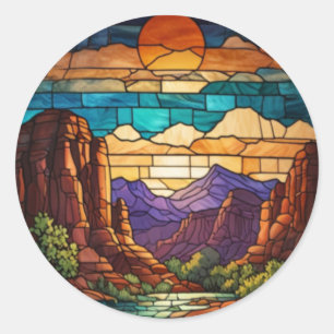 Retro woestijn scène Sedona bergen glas-in-lood ku Ronde Sticker