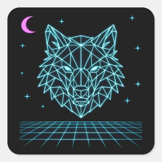 Retro Wolf Synthwave - Neon Nacht Huiler Vierkante Sticker (Voorkant)
