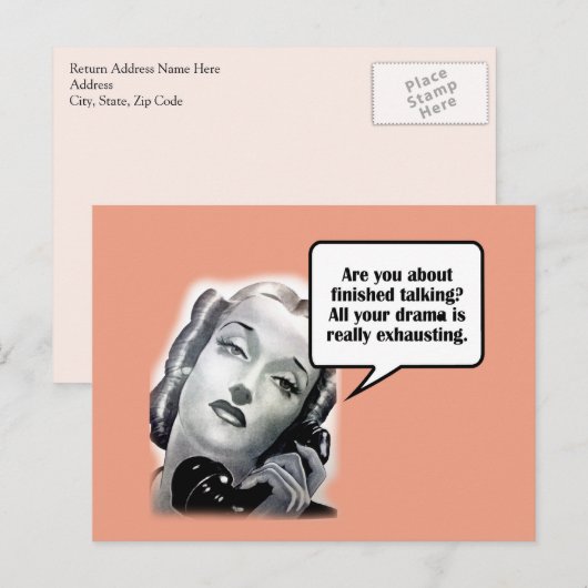 Retro Woman aan de telefoon, Drama Briefkaart (Voorkant / Achterkant)