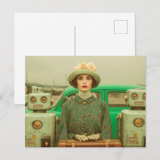 Retro Woman and Two Robots Briefkaart (Voorkant / Achterkant)