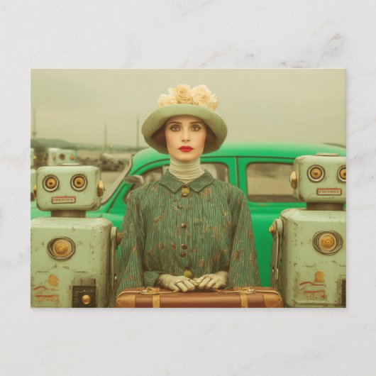 Retro Woman and Two Robots Briefkaart (Voorkant)