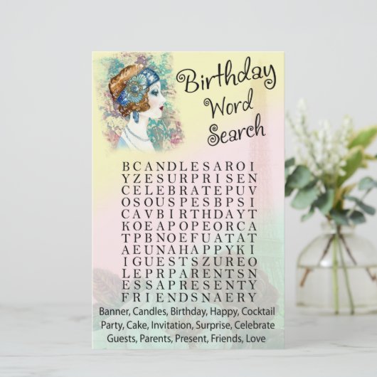 Retro Woman Birthday word search game (Staand voorkant)