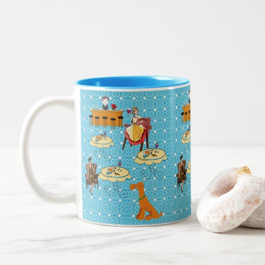Retro Woman Dinning Dog Mok (Met donut)