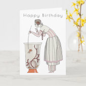 Retro Woman Fish Bowl Art Deco Birthday Card Kaart (Gele Bloem)