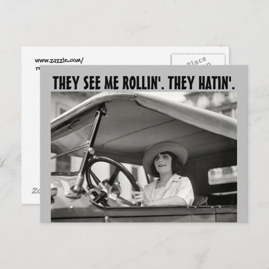 retro WOMAN IN classic CAR FUNNY Postcard Briefkaart (Voorkant / Achterkant)