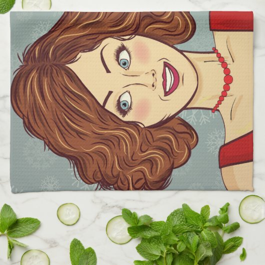 Retro Woman Merry kerst Theedoek (Gevouwen)