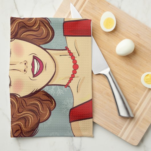 Retro Woman Merry kerst Theedoek (Quarter Fold)