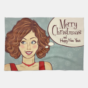 Retro Woman Merry kerst Theedoek