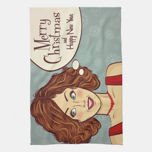 Retro Woman Merry kerst Theedoek (Verticaal)