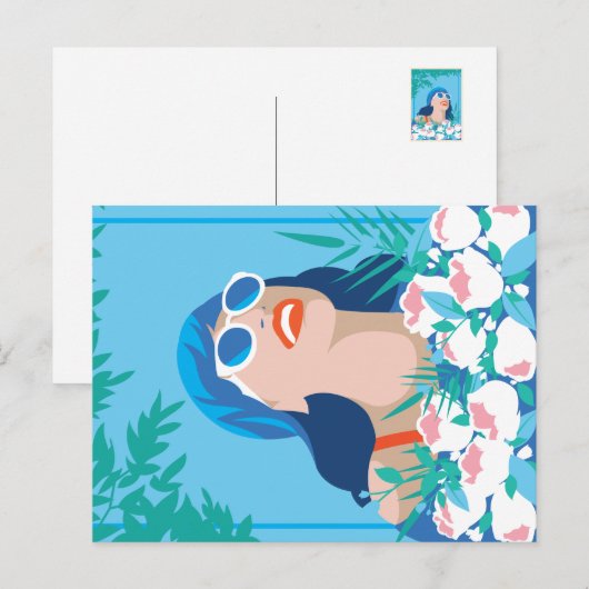 Retro Woman met bloemen en zonneschijn Briefkaart (Voorkant / Achterkant)