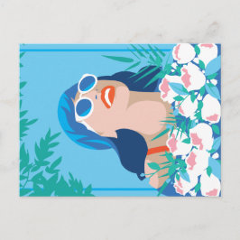 Retro Woman met bloemen en zonneschijn Briefkaart