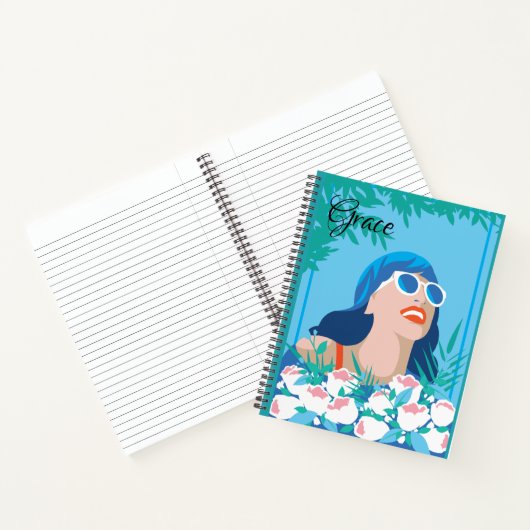 Retro Woman met bloemen en zonneschijn Notitieboek (Binnen)