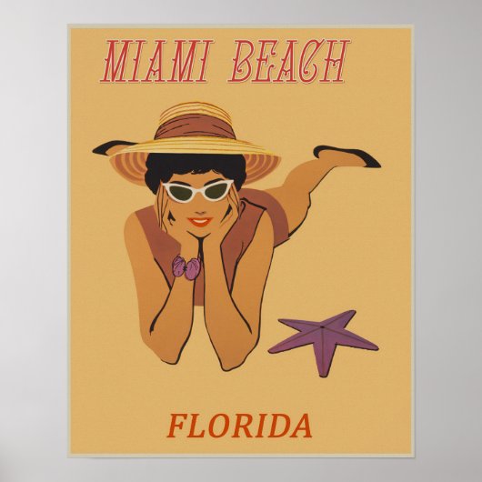 Retro Woman Tanning op Miami Beach Poster (Voorkant)