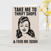 RETRO WOMAN THRIFT SHOPS & SUSHI FUNNY Kaarten (Gele Bloem)