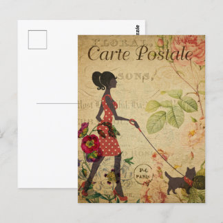 Retro Woman Walking Dog Briefkaart