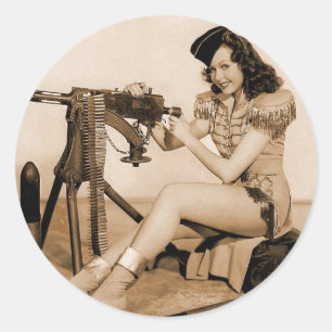  Retro Women Machine Gunner Girl Ronde Sticker