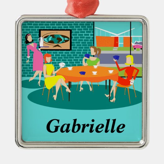 Retro Women's Wekly Card Game-kerstversiering Metalen Ornament (Voorkant)