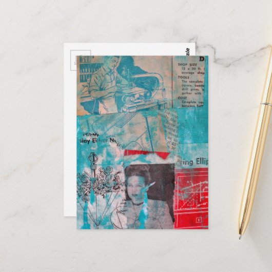 Retro Woodworking Man Woman Flowers Collage Briefkaart (Voorkant / Achterkant in situ)