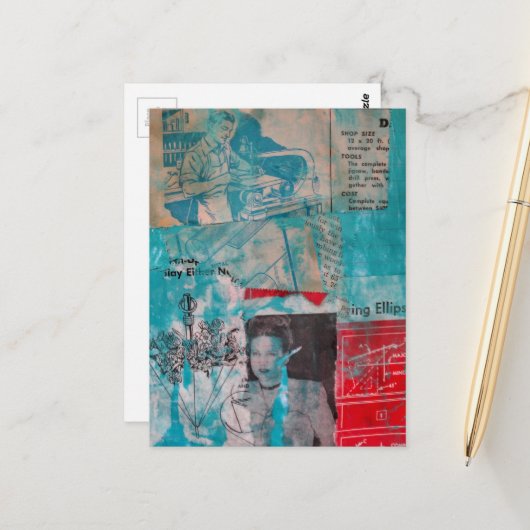 Retro Woodworking Woman and Man Collage Briefkaart (Voorkant / Achterkant in situ)