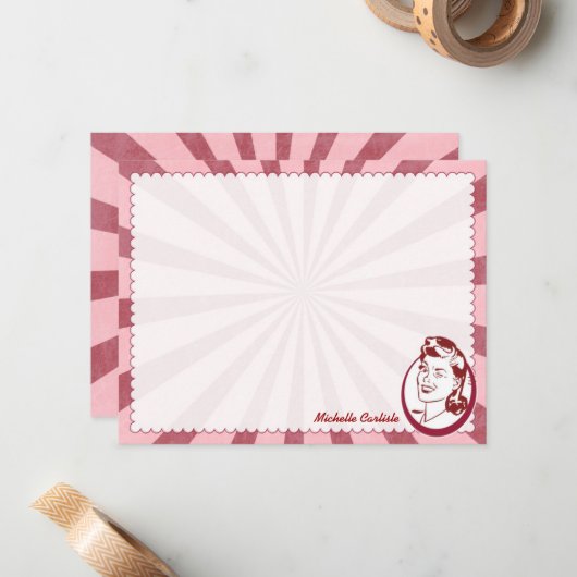 Retro Wow Gal - Aanpasbare platte kaarten Notitiekaartje (Voorkant / Achterkant in situ)