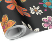 Retro Wrapping Papier - Black Floral Doodles (Rol Hoek)