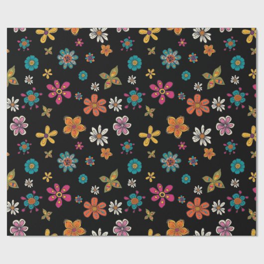 Retro Wrapping Papier - Black Floral Doodles (Vlak)