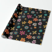 Retro Wrapping Papier - Black Floral Doodles (Uitgerold)
