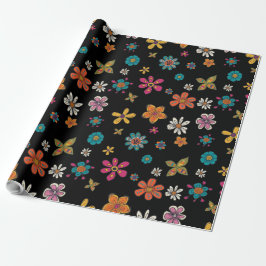 Retro Wrapping Papier - Black Floral Doodles