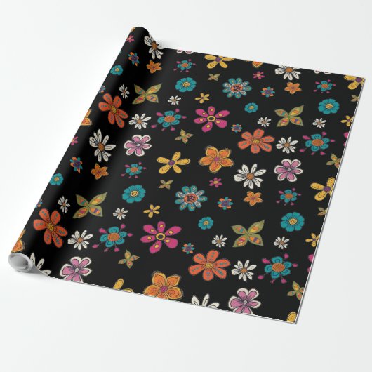 Retro Wrapping Papier - Black Floral Doodles (Uitgerold)