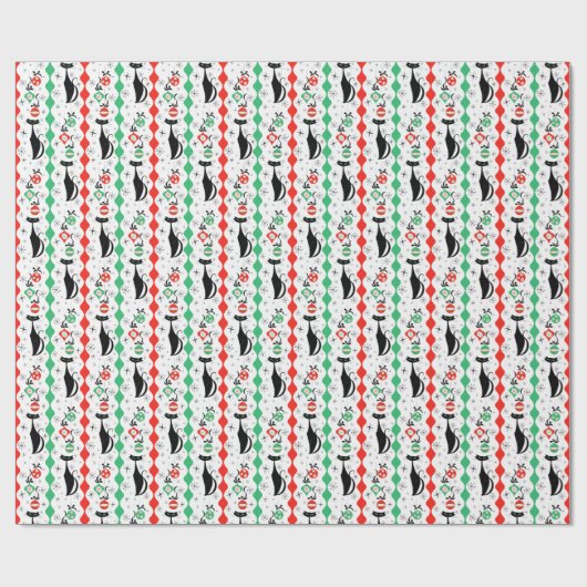 Retro Xmas Cat Stripe Multi Cadeaupapier (Vlak)