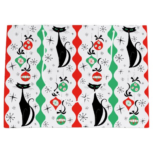 Retro Xmas Cat Stripe Multi Groot Cadeauzakje (Voorkant)