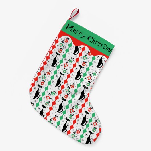 Retro Xmas Cat Stripe Multi Merry Christmas 1-zijd Kleine Kerstsok (Voorkant (Hangend))