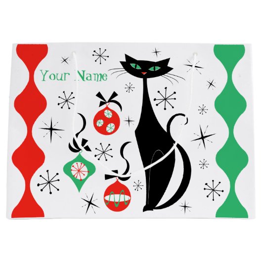 Retro Xmas Cat Stripe Naam Groot Cadeauzakje (Voorkant)