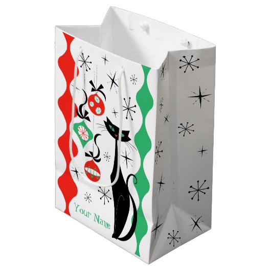 Retro Xmas Cat Stripe Naam Medium Cadeauzakje (Voorkant Gekanteld)