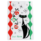 Retro Xmas Cat Stripe Naam Medium Cadeauzakje (Voorkant)