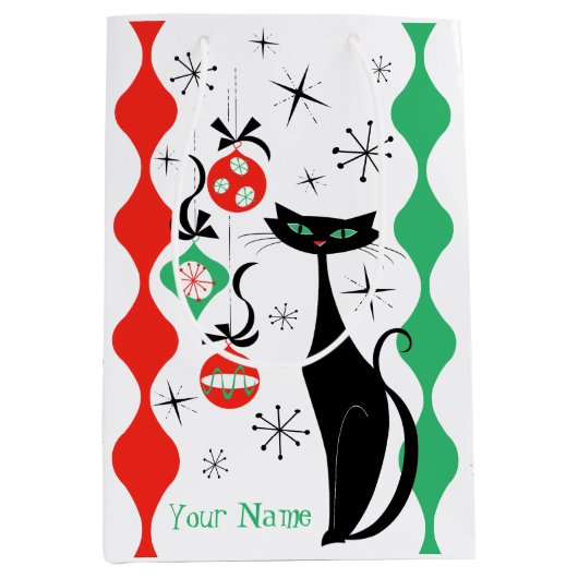 Retro Xmas Cat Stripe Naam Medium Cadeauzakje (Voorkant)