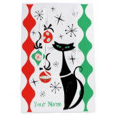 Retro Xmas Cat Stripe Naam Medium Cadeauzakje (Achterkant)