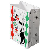 Retro Xmas Cat Stripe Naam Medium Cadeauzakje (Achterkant Gekanteld)