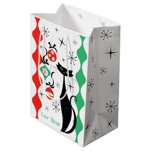 Retro Xmas Cat Stripe Naam Medium Cadeauzakje (Achterkant Gekanteld)