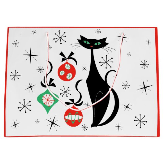 Retro Xmas Kat rood Groot Cadeauzakje (Voorkant)
