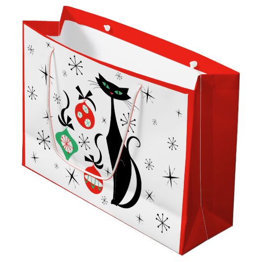 Retro Xmas Kat rood Groot Cadeauzakje (Voorkant Gekanteld)