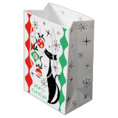 Retro Xmas Kat Streep Vrolijk Kerstfeest Medium Cadeauzakje (Achterkant Gekanteld)